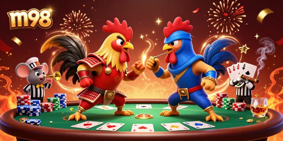 Roosters in samurai and ninja duel at m98 poker table with vibrant casino elements.