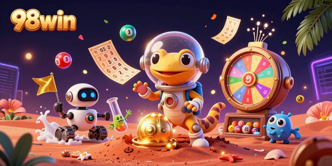 Experience the excitement of 98win's gaming world with colorful lottery dynamics and alien adventures.