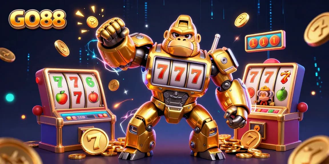 Win big with GO88's dynamic gaming experience featuring slot machine characters and vibrant elements.