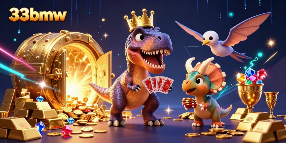 Engage with 33bmw as a friendly T-Rex shuffles cards while treasures burst from a vault.