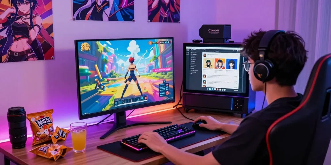 Engaging player immersed in hentai games with dynamic RGB lighting and gaming setup.