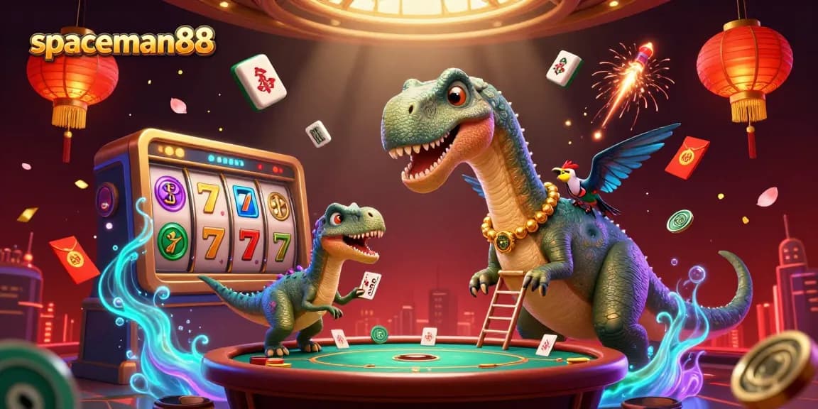 Engage with spaceman88's vibrant casino scene featuring a giant brontosaurus and dynamic gaming elements.