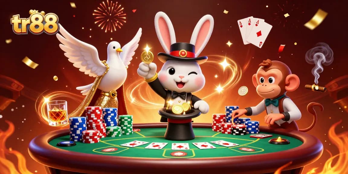 Experience tr88 as a magician rabbit pulls coins amidst vibrant casino elements.
