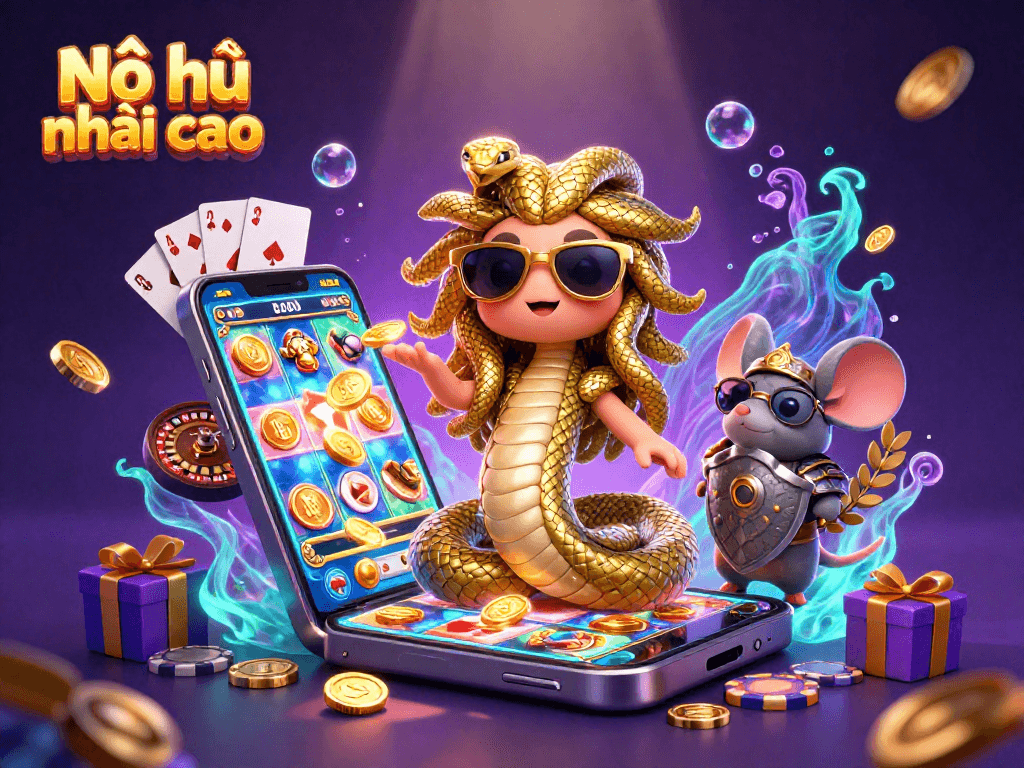 Nổ hũ nhảy cao gameplay with vibrant characters, spinning slot reels, and thrilling casino elements.
