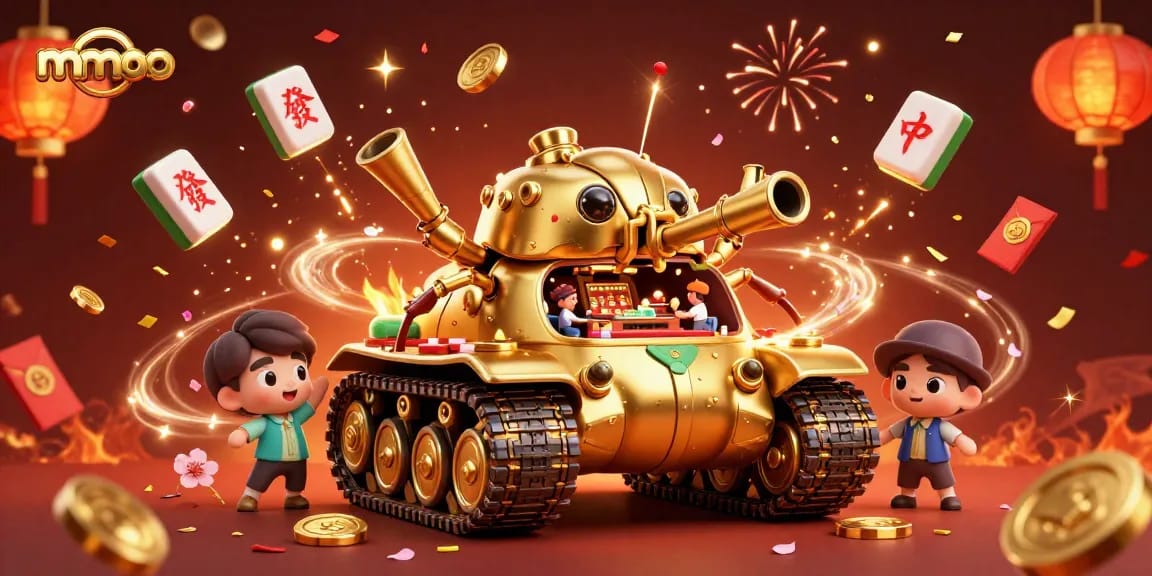 Experience mmoo through a vibrant 3D casino scene filled with confetti, games, and energy.