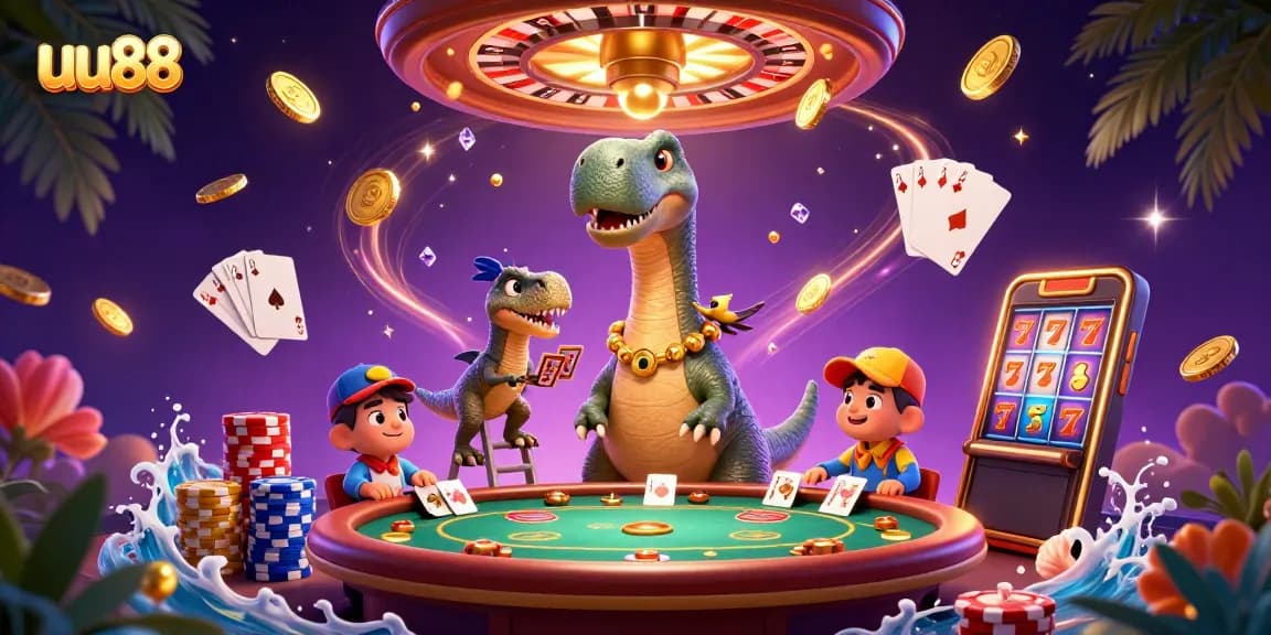 Experience thrilling gaming at uu88 with a giant brontosaurus joining the fun at a lively poker table.