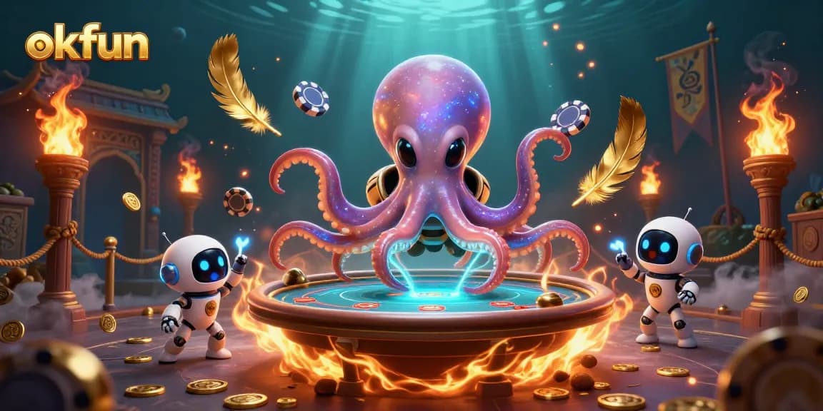 Join the fun at okfun with an alien octopus and robot playing poker in a rich cosmic casino