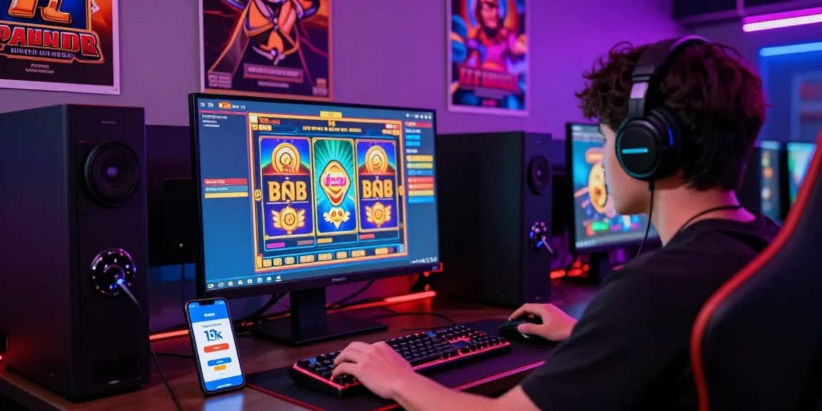 Online gamer celebrating a winning moment with depo pulsa 10k tanpa potongan displayed on screen, illuminated gaming setup.