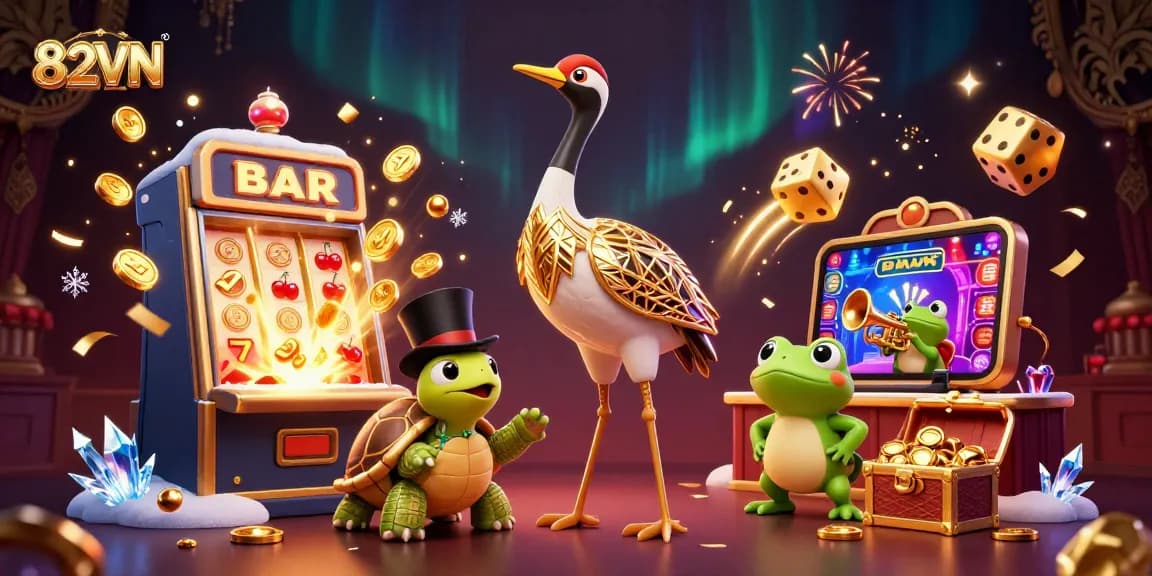 Experience 82VN's thrilling casino games with vibrant characters and action-packed symbols in this lively 3D scene.