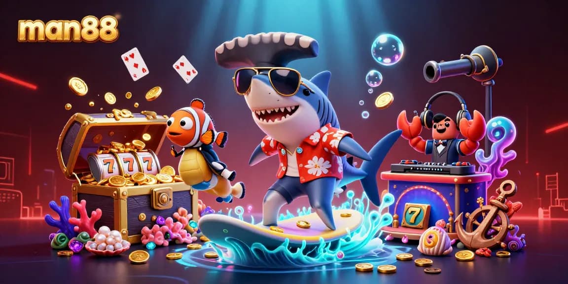 Surf and win big with man88: Vibrant 3D illustration featuring casino elements amidst underwater fun.