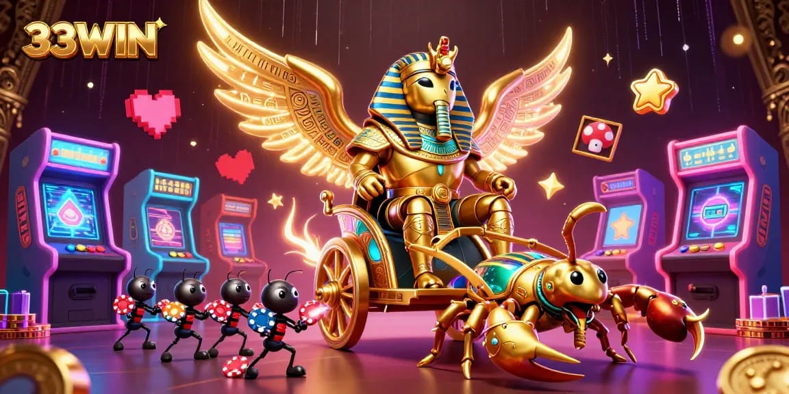 Experience the thrill of 33WIN with colossal characters and vibrant casino elements in action.