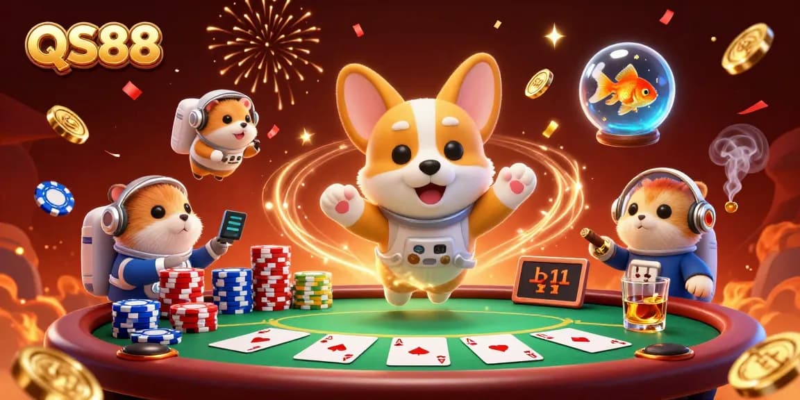 QS88 showcases a floating astronaut corgi in a vibrant space casino, surrounded by poker elements and gold coins.