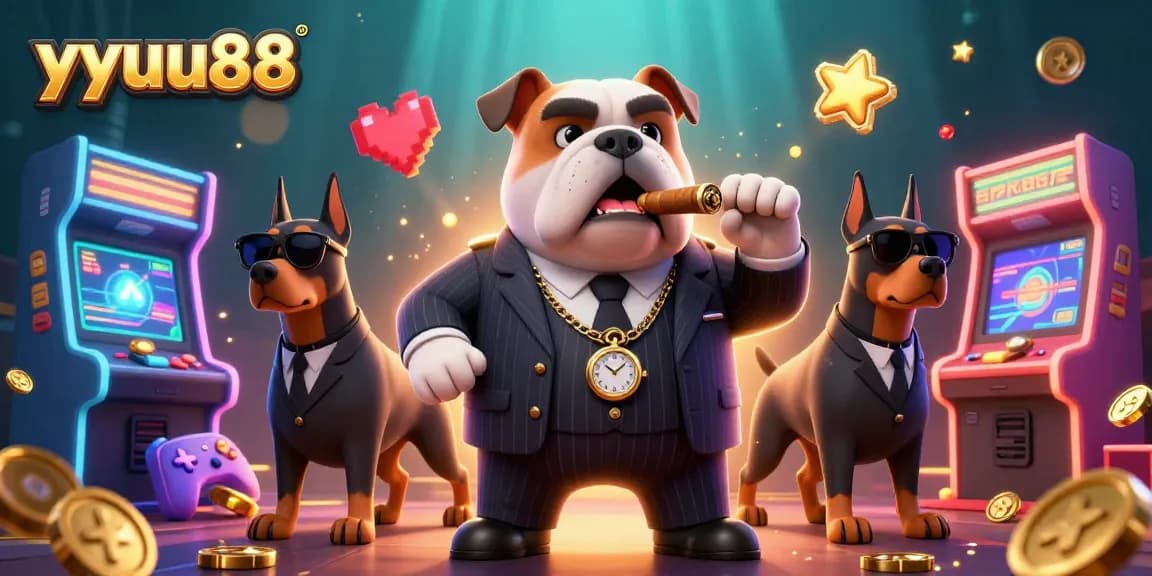 yyuu88 showcases a vibrant casino scene featuring a mafia bulldog and bodyguard Dobermans amid arcade game elements.