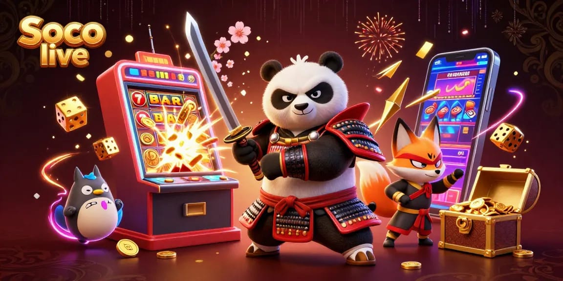Soco live offers thrilling online gaming experiences with samurai panda and ninja fox amidst casino excitement.