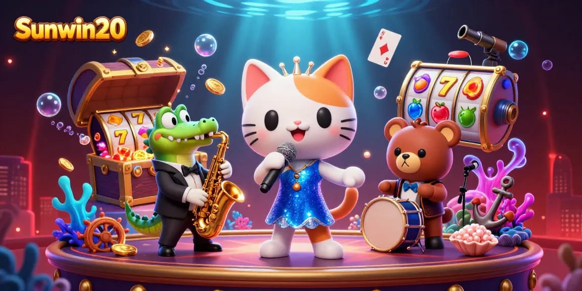 Experience the vibrant energy of Sunwin20 with lively casino characters amid a treasure-filled scene.