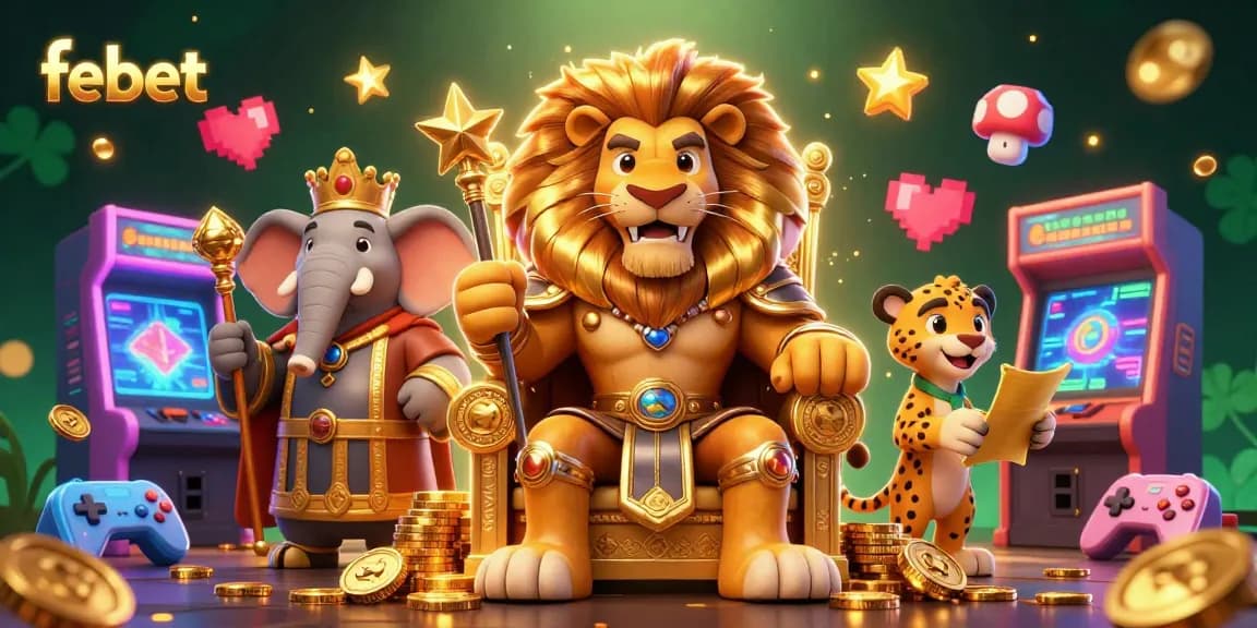 Join the excitement of febet with a vibrant 3D gambling scene showcasing games and royal characters.