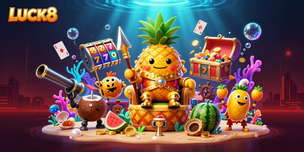 LUCK8 immersive casino scene with a golden pineapple king, slot reels, and vibrant underwater elements.