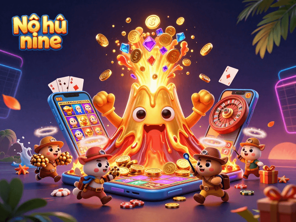 Nổ hũ nine delivers thrilling gameplay with vibrant illustrations of slot games and treasure-filled adventures.
