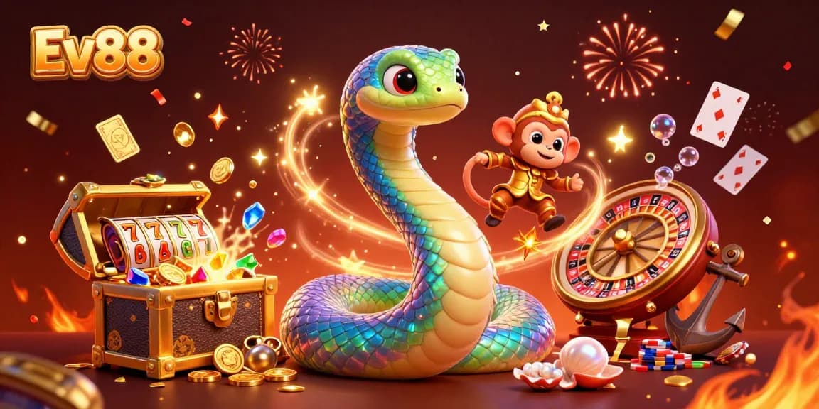 Experience the excitement of Ev88 with a vibrant casino scene featuring a colorful rainbow serpent, golden treasures, and more!