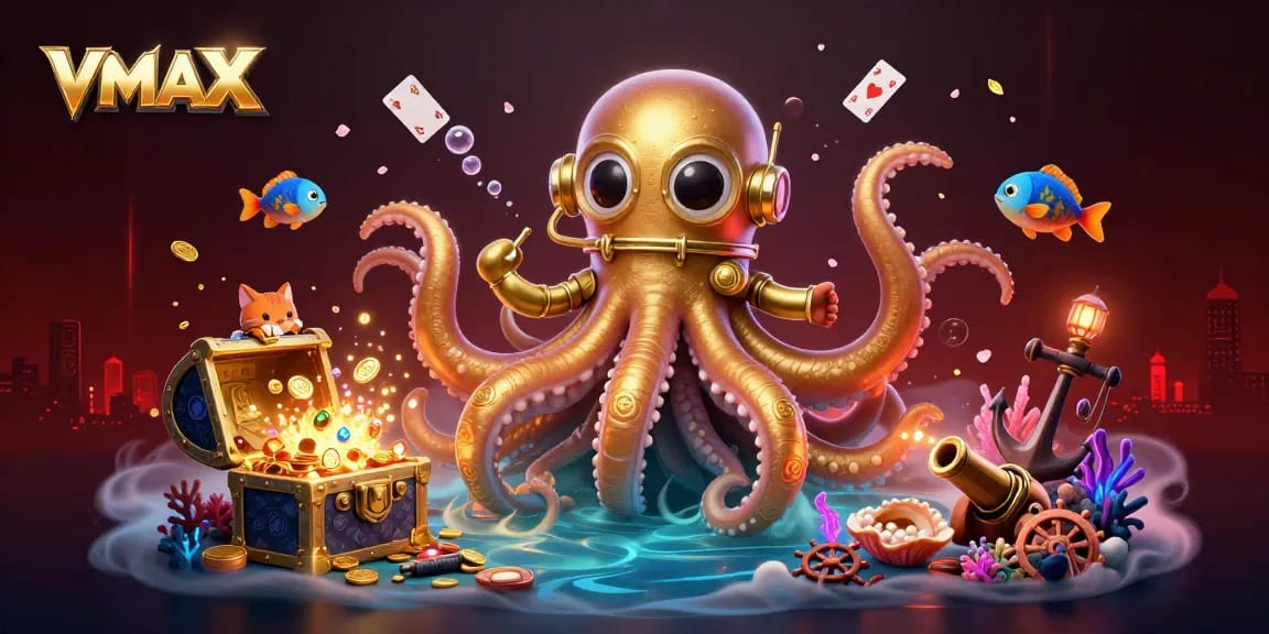Engage in thrilling action with VMAX as the kraken and dive cat animatedly explore a treasure-filled ocean.
