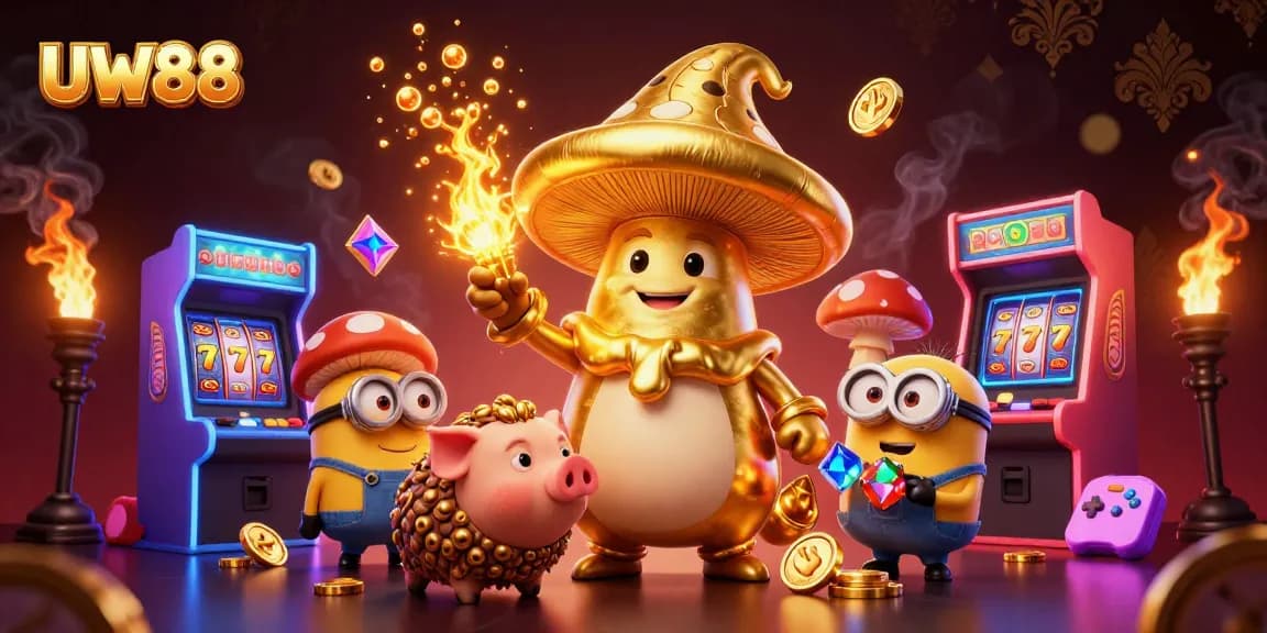 Experience thrilling gameplay with UW88's golden wizard amidst vibrant slots and treasures.