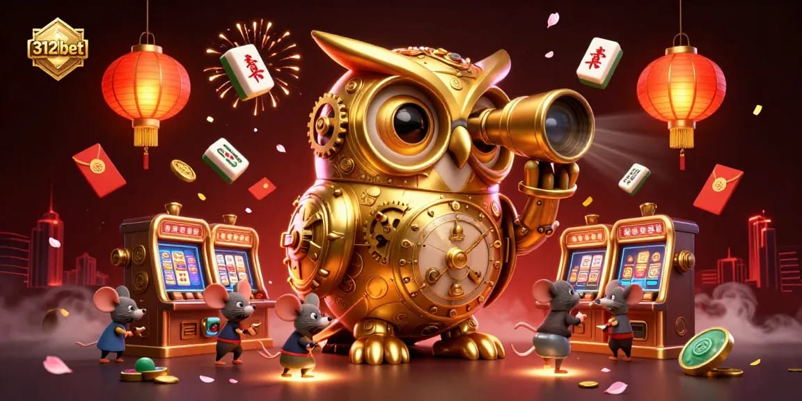 Experience vibrant gaming at 312bet with a dynamic scene of a golden owl and casino floor filled with slots and excitement.