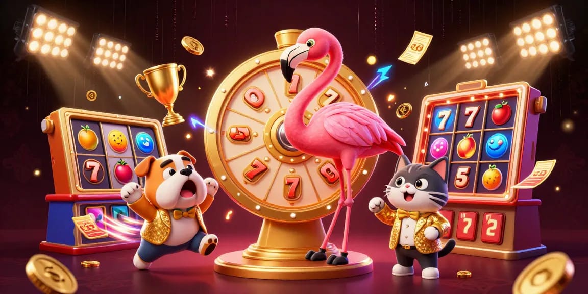Experience the thrill of RED88 with an energetic 3D illustration of a game show scene filled with slot reels and vibrant elements.