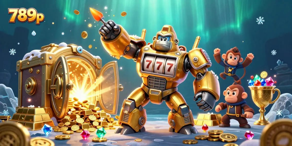 Win big at 789p with a dynamic casino scene featuring a golden mech and treasure!
