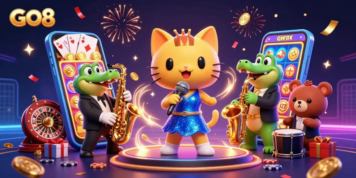 Experience GO8's vibrant casino atmosphere with a jazz-singer cat, crocodile, and bear cub in a festive 3D scene.