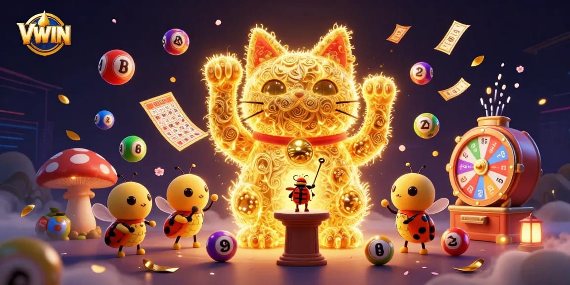 VWIN showcases a vibrant casino scene with colorful elements and a lucky cat for enhanced gaming excitement.