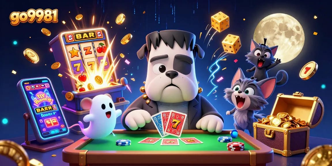 go9981 casino scene with a bulldog monster dealing cards at a spooky table amidst vibrant gaming effects