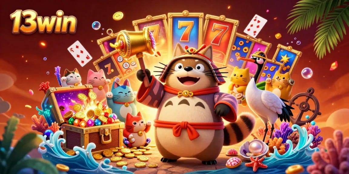 Engage with thrilling actions at 13win with a vibrant, dynamic online casino scene filled with joyful characters.