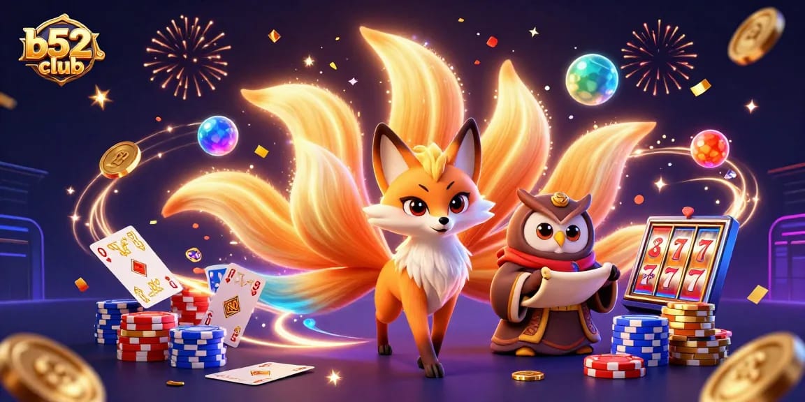 B52club showcases vibrant gaming action with a nine-tailed fox spirit and owl sage amid sparkling coins and playing cards.
