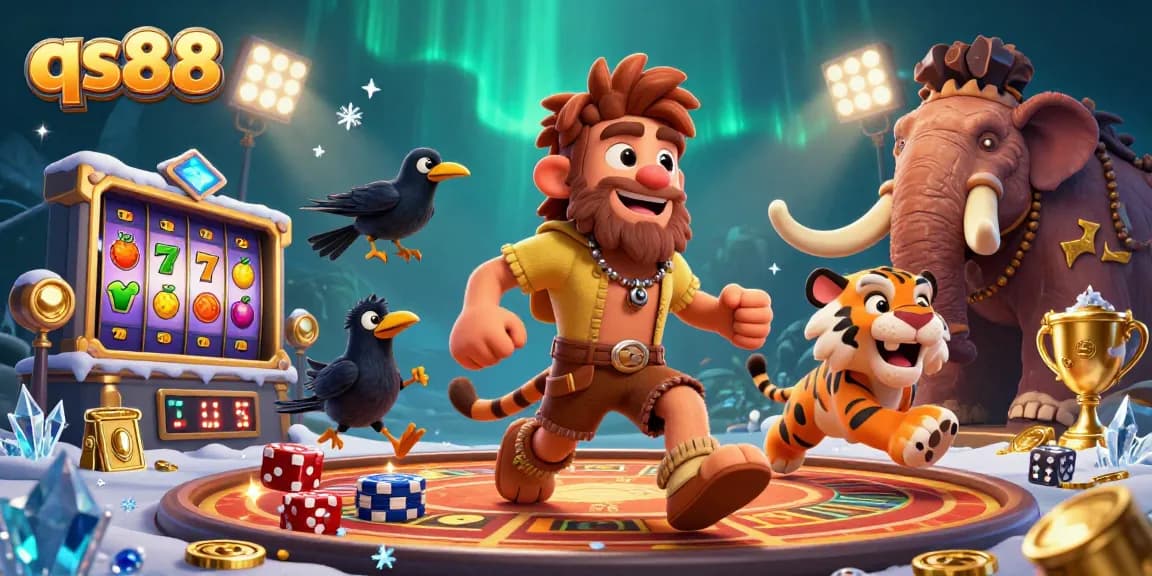 Experience the qs88 casino adventure with thrilling slot reels and playful cavemen.