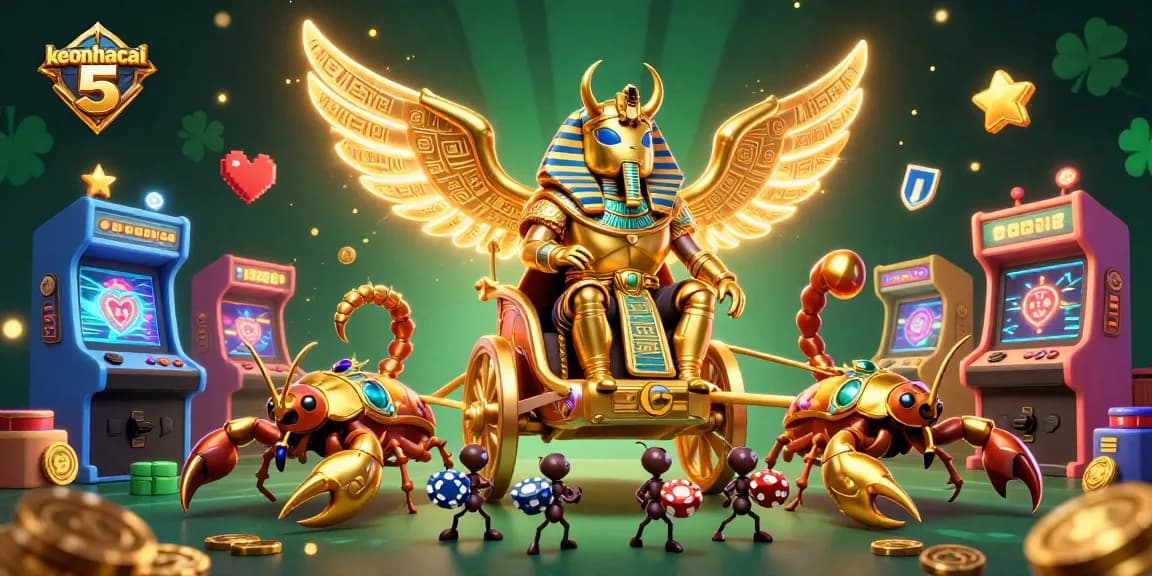 Engage with keonhacai 5's dazzling blend of gaming and casino vibes, featuring vibrant characters and shining elements.