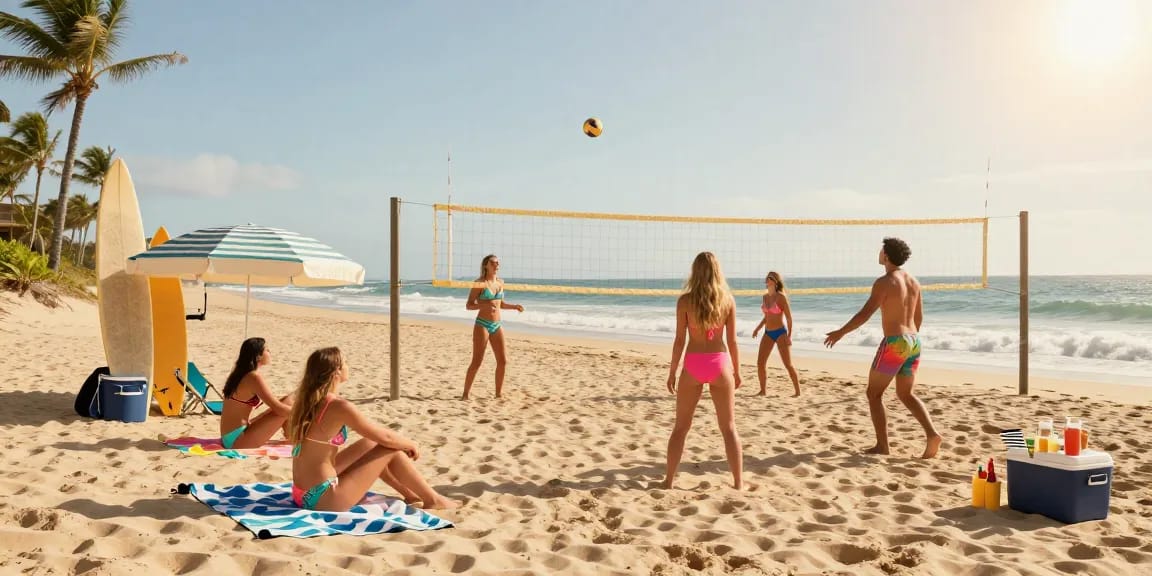 Friends enjoying BIKINISLOT-themed beach day with vibrant swimwear and relaxing atmosphere.