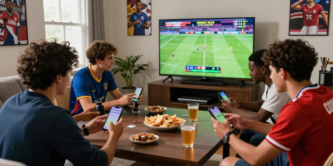 Excited friends using BOLA88 to place sports bets while watching a live event.