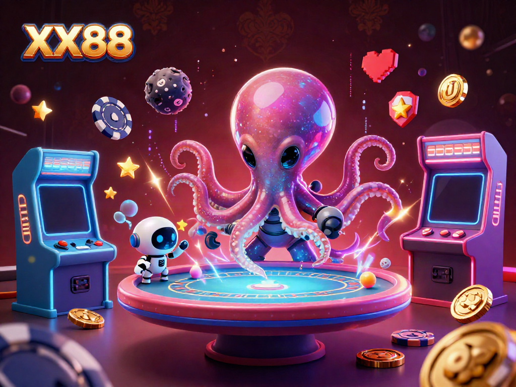 Play with vibrant colors and excitement in the XX88 online casino illustrated scene featuring a fun alien octopus and robots.