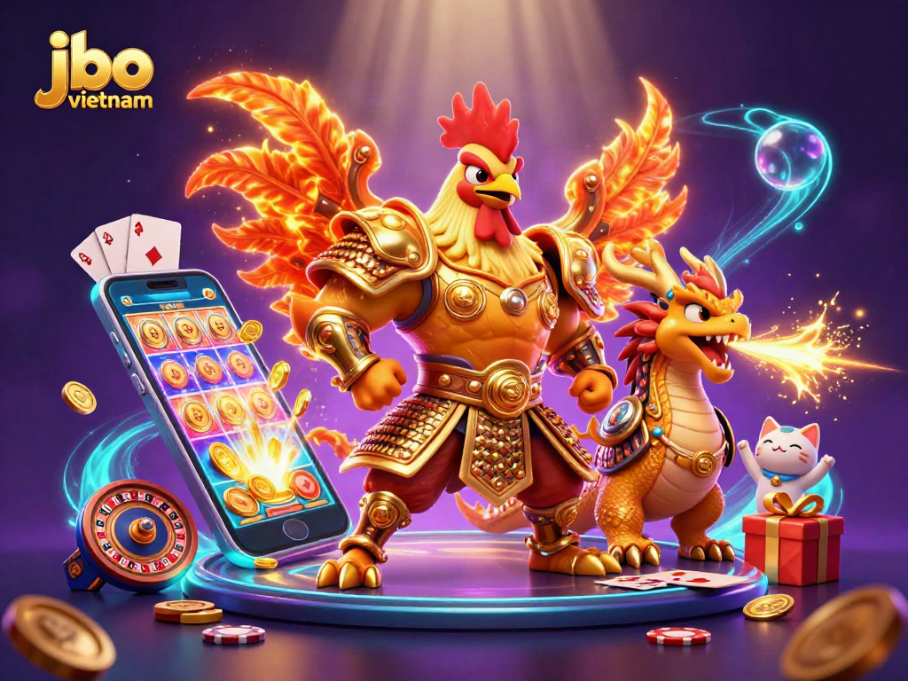 Engage with thrilling slot games at jbo vietnam with a vibrant 3D illustration showcasing animated characters and casino elements.