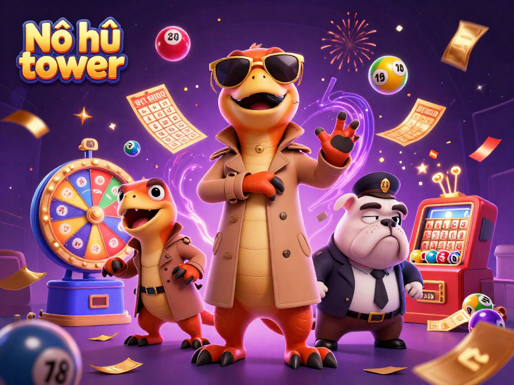 Nổ hũ tower game features cartoon raptors attempting a casino sneak, dynamic lottery elements and festive visuals.