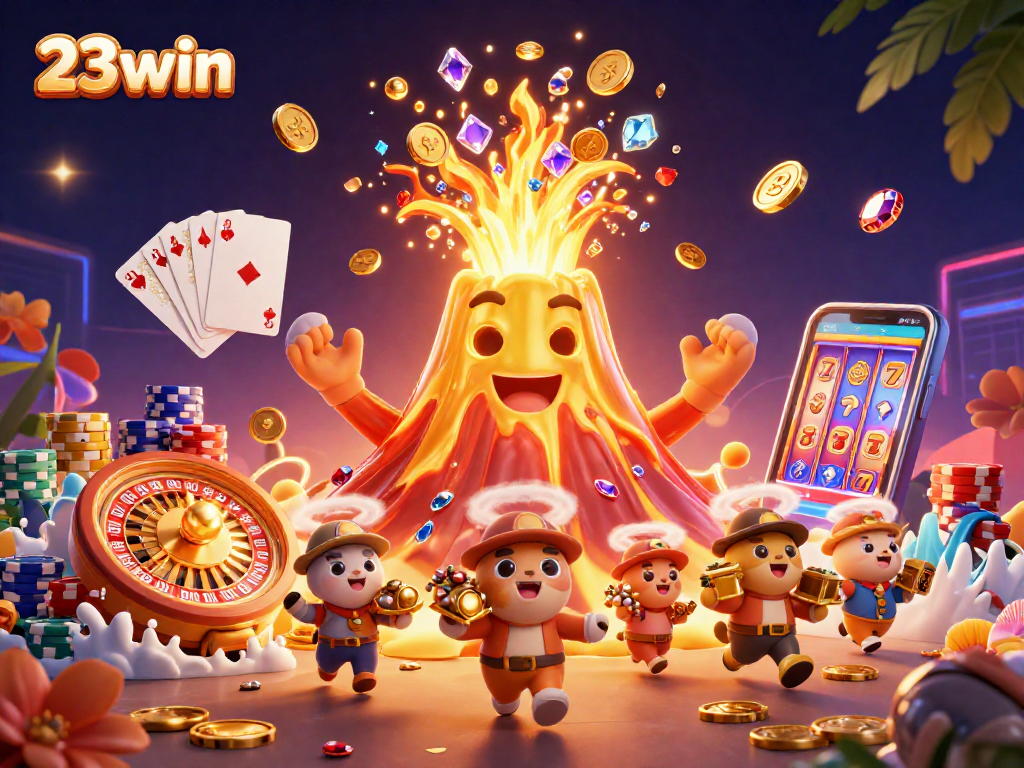 Win big at 23win with an exciting illustration featuring a gold volcano, coins, and casino elements.
