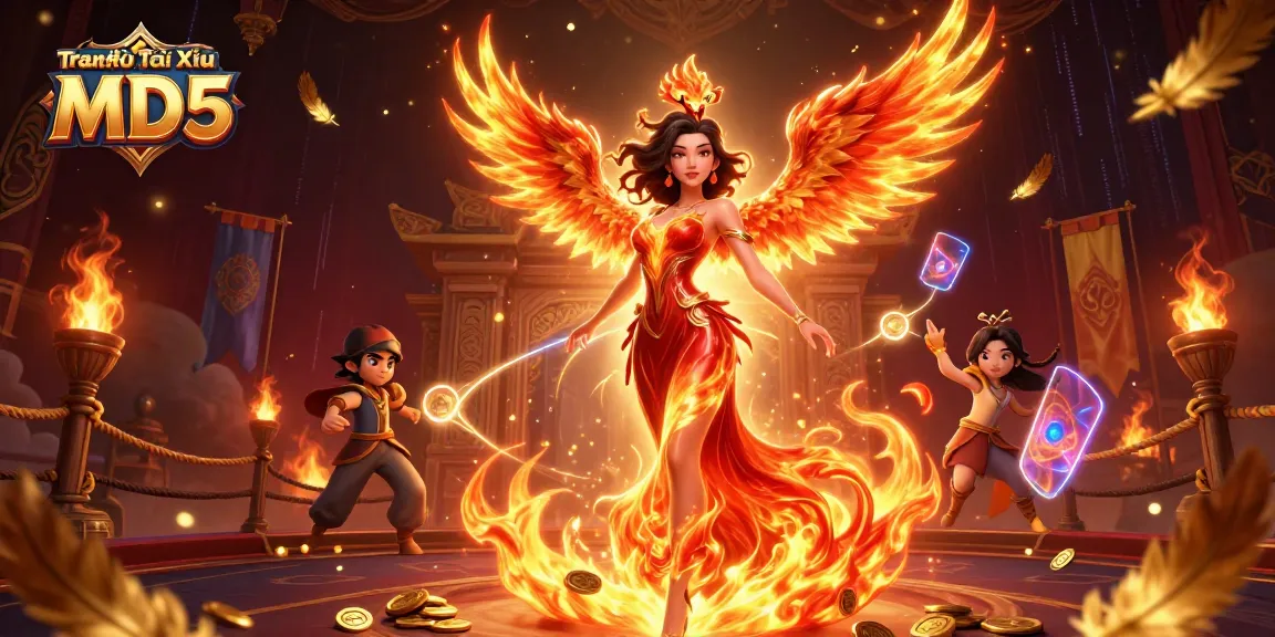Experience the excitement at Trang chủ Tài Xỉu MD5 with vibrant gaming illustrations featuring a stunning Asian woman and dynamic elements.