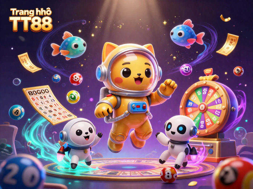 Experience the excitement of Trang chủ TT88 with a lively scene showing a space astronaut cat, robot dog, and dynamic gambling elements.