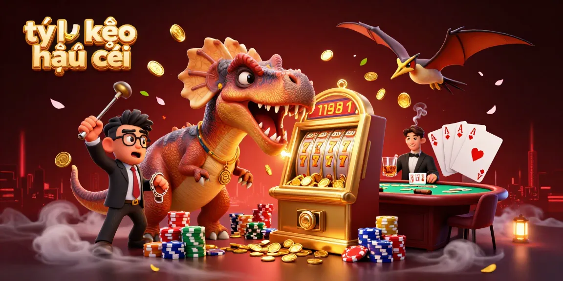 Tỷ lệ kèo nhà cái features a 3D cartoon pachycephalosaurus celebrating wins with a golden slot machine.