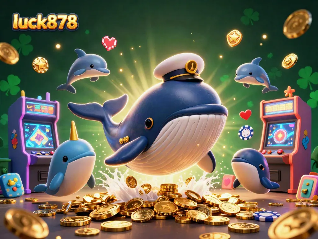 Experience the excitement with luck878 as a whale breaching in coins, showcasing vibrant casino elements.