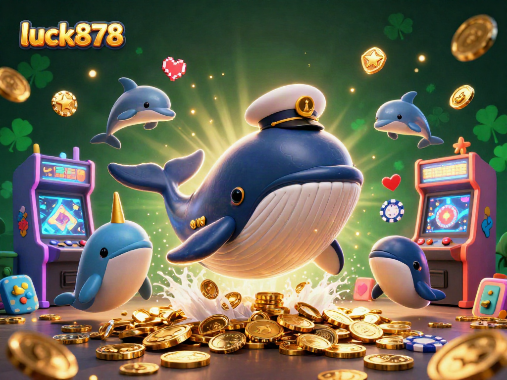 Experience the excitement with luck878 as a whale breaching in coins, showcasing vibrant casino elements.