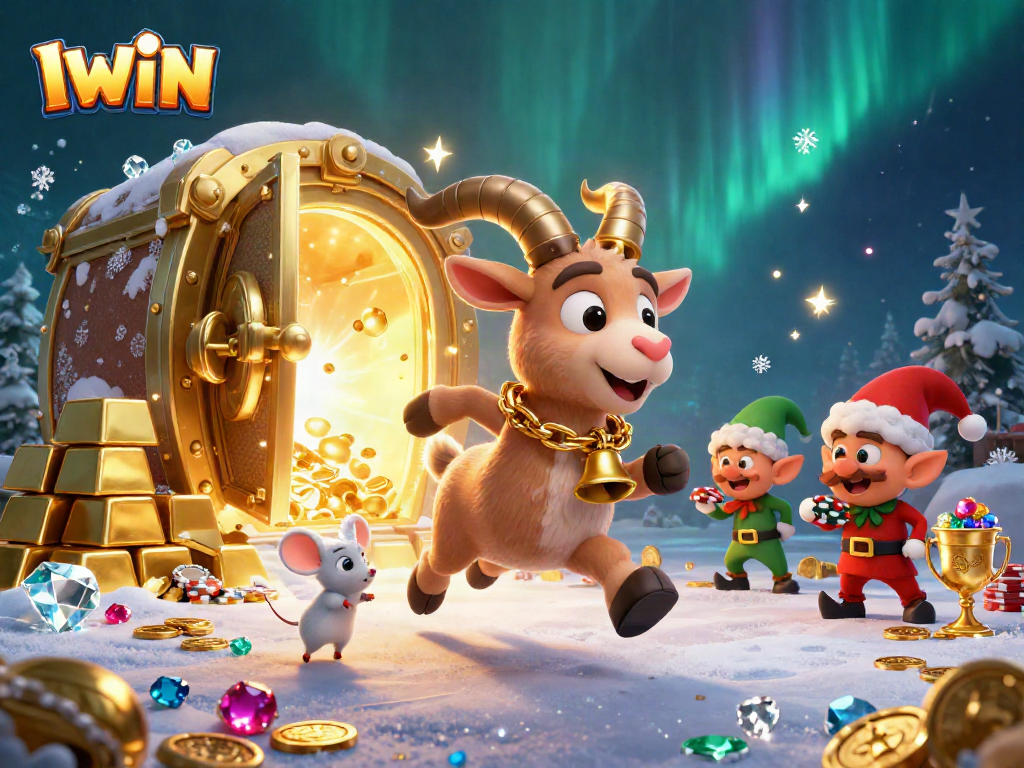 IWIN engages players in a vibrant casino scene with cartoon characters and sparkling treasures.