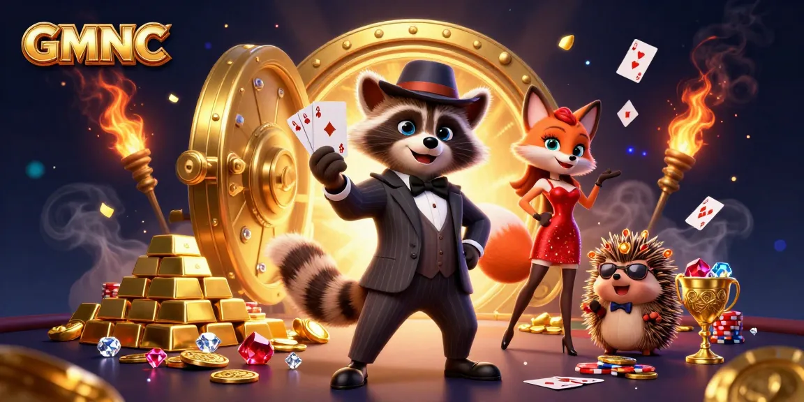 Engage with GMNC's vibrant casino scene featuring charming characters amidst dazzling poker and treasure.
