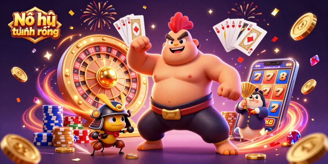 Nổ hũ thủ lĩnh rồng showcases a vibrant scene with characters celebrating big casino wins, featuring dynamic game elements.