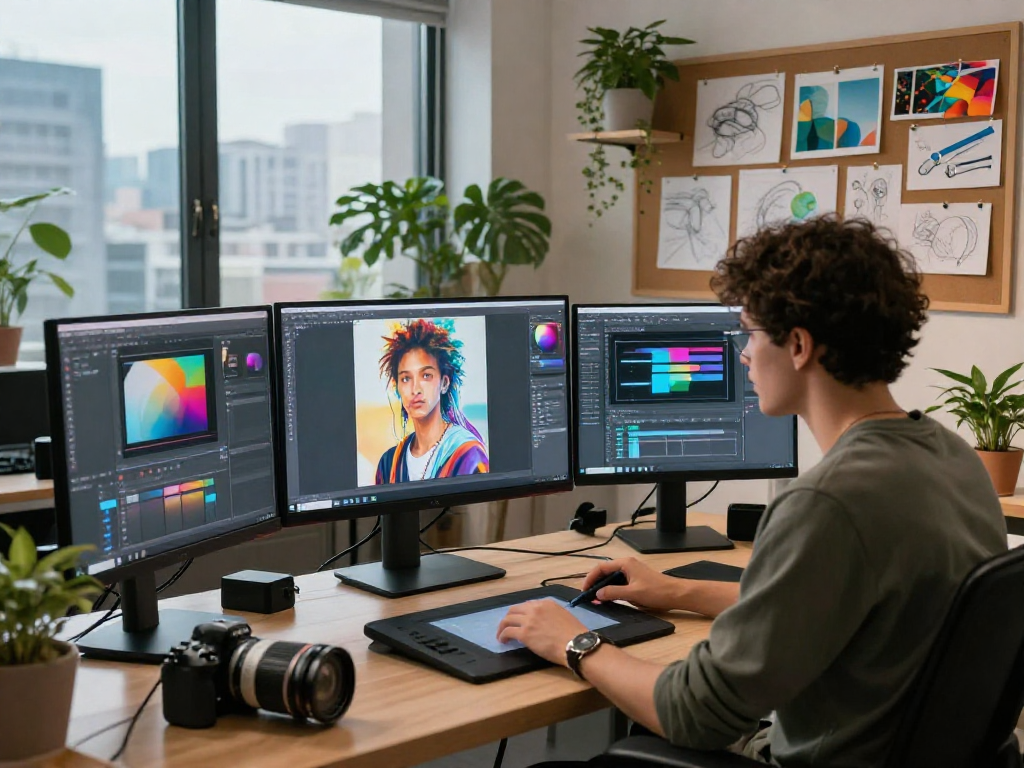 NSFW AI-generated artwork in a modern tech studio, showcasing creative digital art processes.